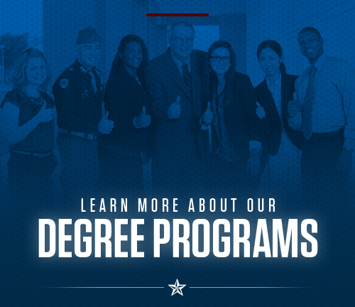 Learn more about degrees for master's programs | A group of Bush students and faculty are smiling and giving a gig em to the camera