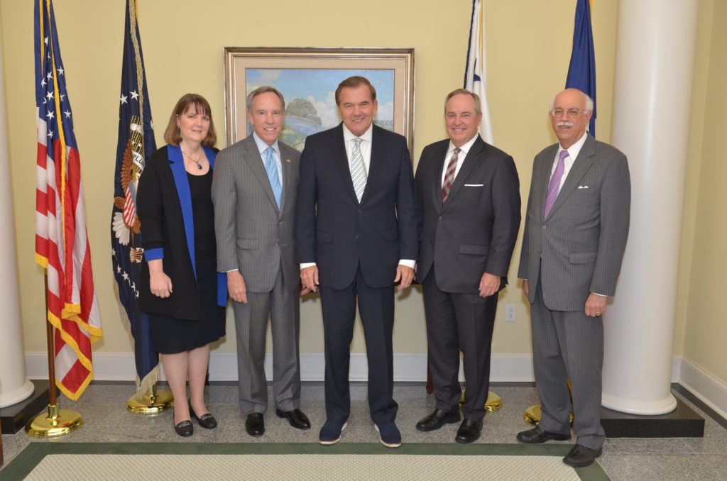 Dr. Lori Taylor, Director of the Mosbacher Institute; David Jones, CEO of the George H. W. Bush Presidential Library Foundation; Secretary Tom Ridge; Dean Mark Welsh; and Professor Andrew Natsios, Director of the Scowcroft Institute