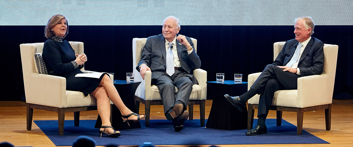 Photo of Vice Presidents Dick Cheney and Dan Quayle being interviewed on stage