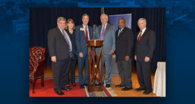 L-R: Warren Finch, Director of the George Bush Presidential Library and Museum; Dr. Lori Taylor, Director of the Mosbacher Institute; Craig Boyan; Drayton McLane, Jr.; Fred McClure, CEO of the George Bush Presidential Library Foundation; and Bush School Dean Ryan Crocker