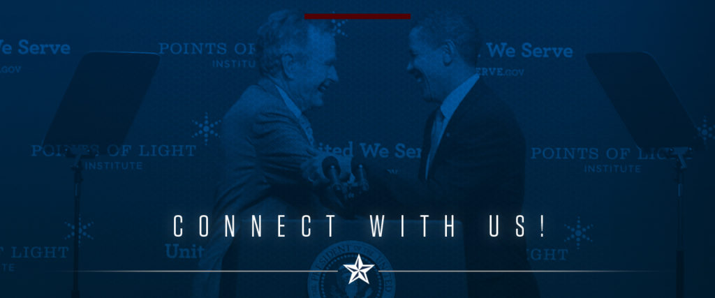 Connect with Us!  A photo of President Bush and President Obama shaking hands can be seen in the background