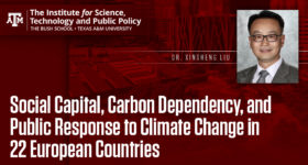 The words “Social Capital, Carbon Dependency, and Public Response to Climate Change in 22 European Countries" and a photo of Dr. Liu