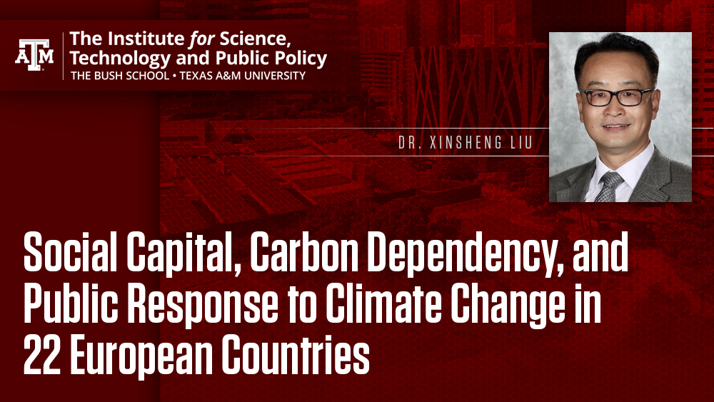 The words “Social Capital, Carbon Dependency, and Public Response to Climate Change in 22 European Countries" and a photo of Dr. Liu