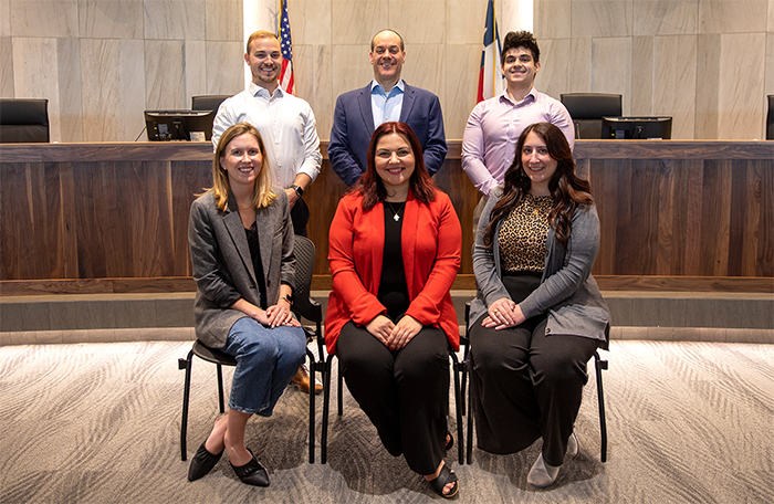 Audit team members, moving from left to right and starting in the back, are as follows: Jacob Bronson (Intern), Ty Elliott (City Internal Auditor), Tarek Natsheh (Intern, M.S. candidate at TAMU’s Department of Economics), Carling Repass (Intern), Ana Mazmishvili ‘21 (Assistant Internal Auditor), and Rachel Mayor (Public Communications Multi-Media Coordinator).