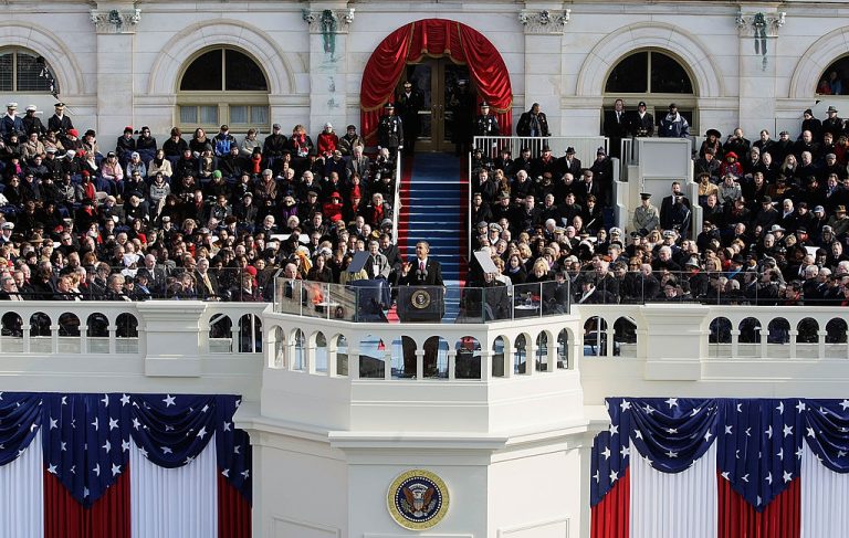 President Barack Obama gives his inaugural address as the 44th president of the United States on Jan. 20, 2009. Courtesy of Alex Wong/Getty Images