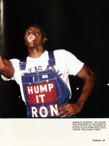 Ronnie McDonald ’93 leading the crowd at midnight yell practice in 1992. Photo courtesy of Aggieland Yearbook.