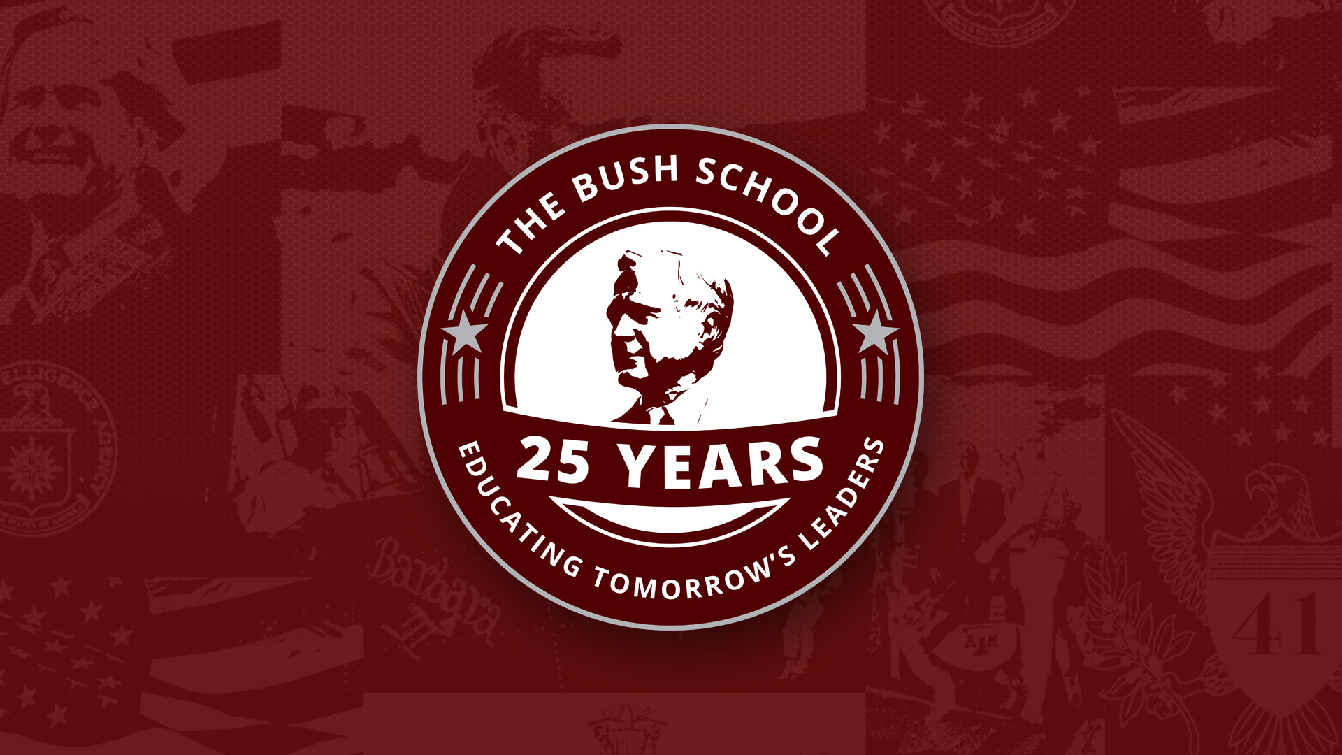 25th Anniversary - Primary logo on a maroon background - Desktop Background