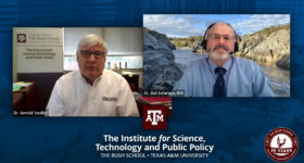 Photo of Dr. Arnold Vedlitz and Dr. Joel Scheraga talking on screen