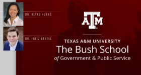 Headshot of Dr. Fritz Bartel and Dr. Reyko Huang next to the Bush School logo