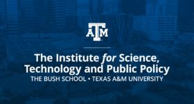 Blue background with Institute for Science, Technology, and Public Policy white logo stacked on top.