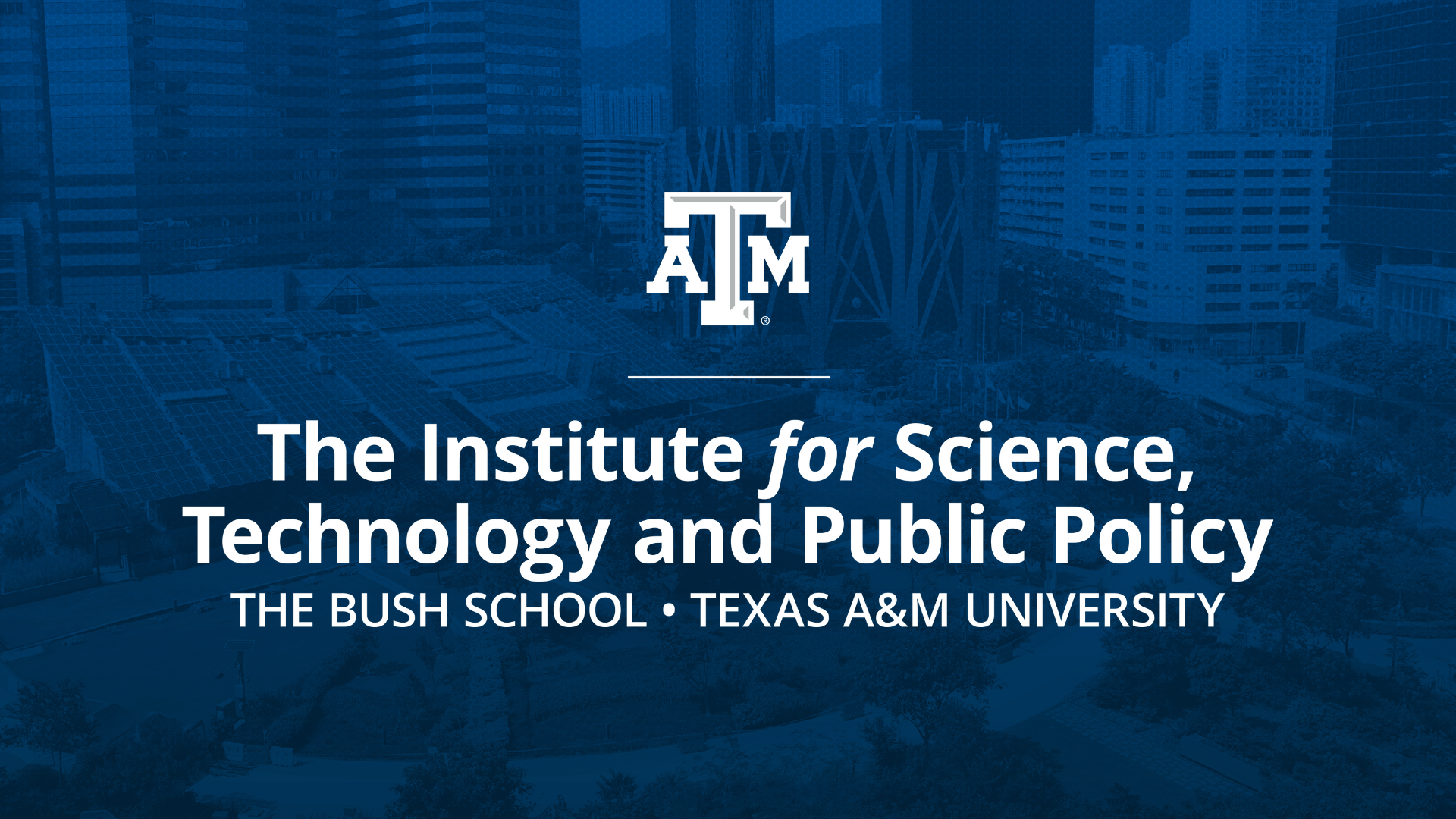 Blue background with Institute for Science, Technology, and Public Policy white logo stacked on top.