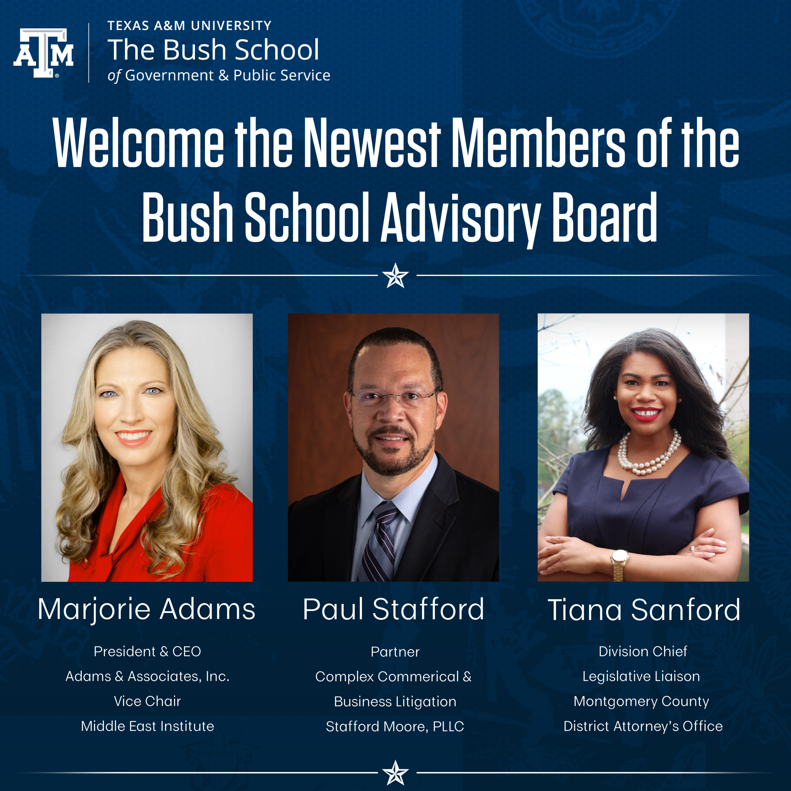 Graphic of three new Bush School Advisory Board Members