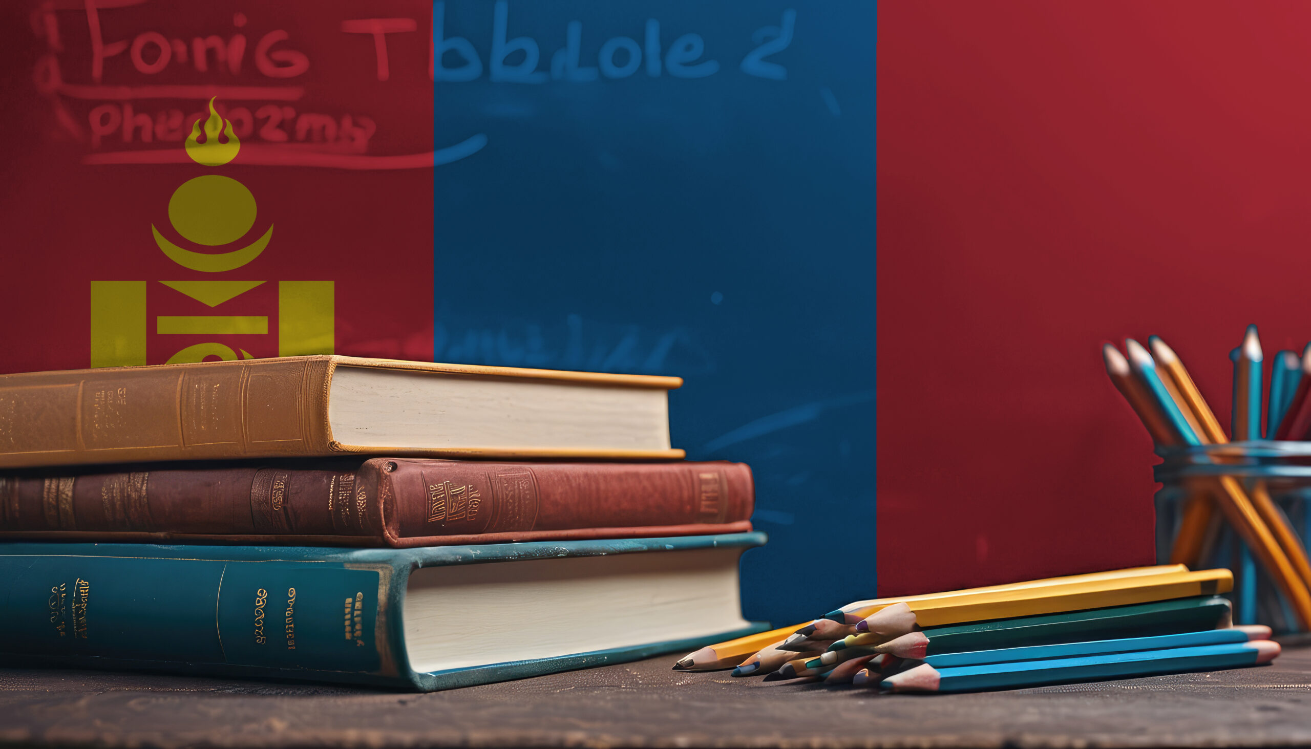 Books with pencils on the background of the Mongolia flag. Concept of school education, higher education, training courses.