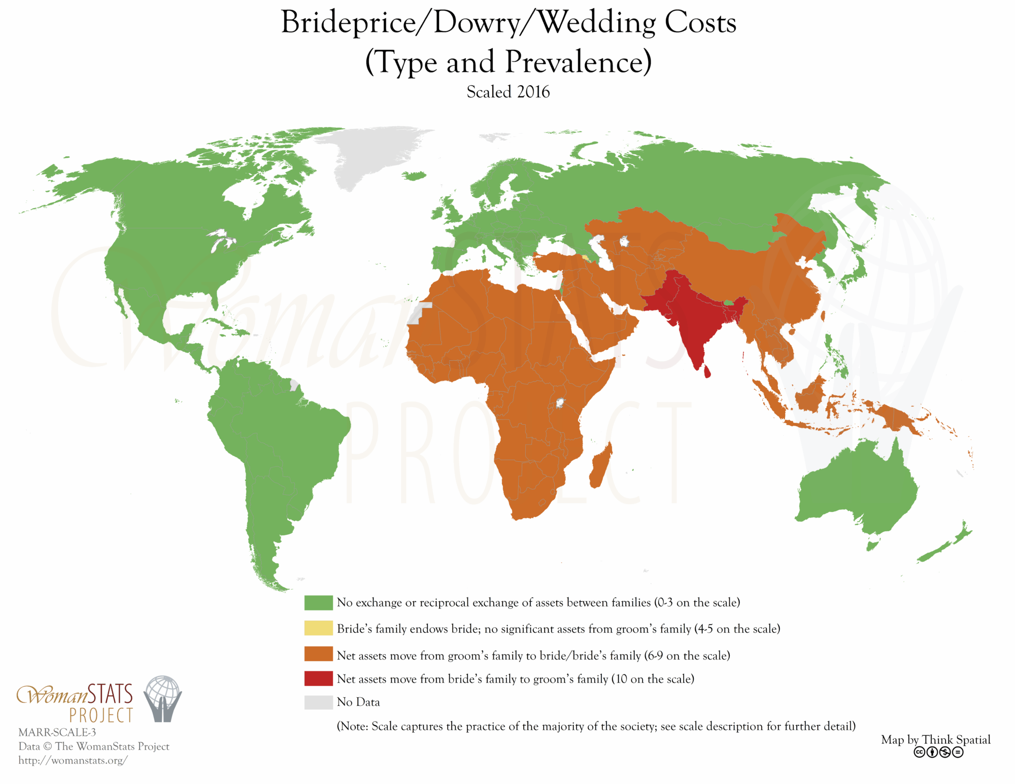 A map of the world, showing, in a heat-map format, that "brideprice" is common in Africa, the Middle East, Southeast Asia and parts of East Asia.